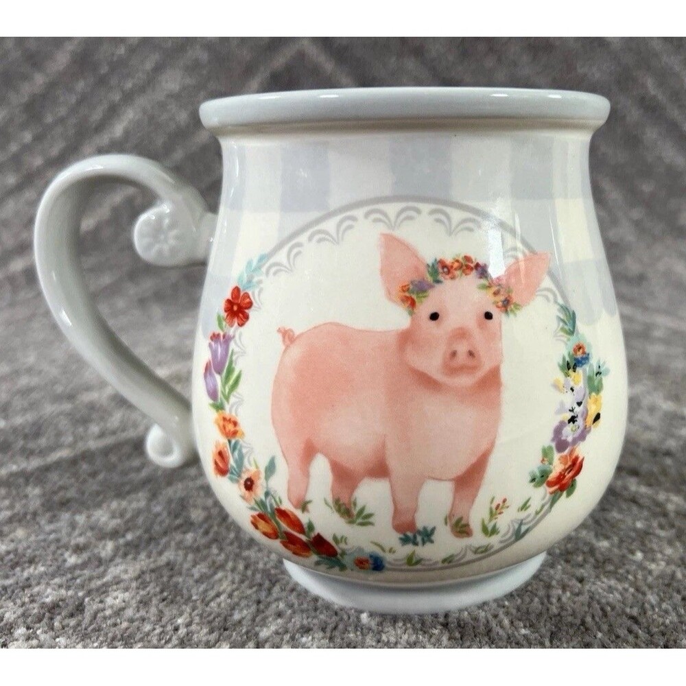 The Pioneer Woman Ceramic Gingham Plaid Floral Pig Coffee Mug 16 oz NEW - Picture 3 of 7